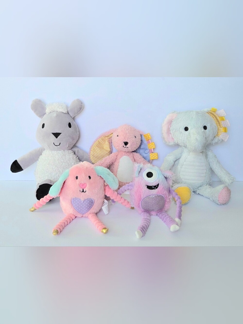 LOT OF 5 MAKE BELIEVE IDEAS SENSORY PLUSH, ELEPHANT, BUNNIES, LAMB, MONSTER